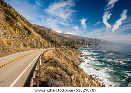 Highway 1 on the pacific coast, California. Royalty-Free Stock Photo #618290789