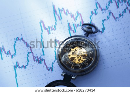 Candle stick graph chart of stock market investment trading with a clock