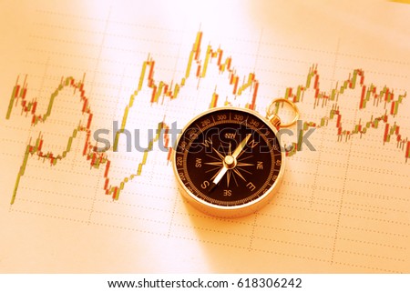 Compass on stock market data chart in closeup