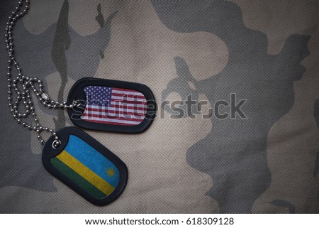 army blank, dog tag with flag of united states of america and rwanda on the khaki texture background. military concept