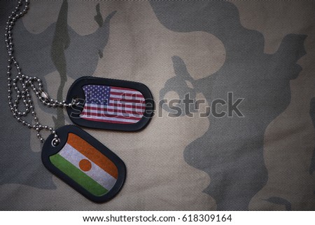 army blank, dog tag with flag of united states of america and niger on the khaki texture background. military concept