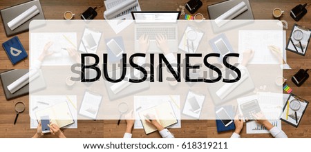 Composition (set) pictures of office items, subjects with text Business/. The woman (businesswoman, manager, student) working at office table (writes, calls, calculates, analyzes)