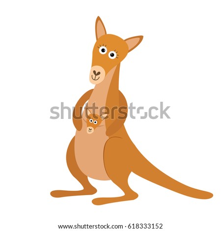 Kangaroo mom with baby in the pocket pouch. Cute cartoon character. Australia marsupial animal. Education card for kids. Flat design. White background. Isolated. Vector illustration