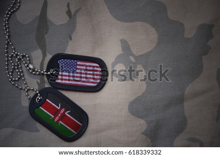 army blank, dog tag with flag of united states of america and kenya on the khaki texture background. military concept