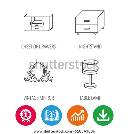 Vintage mirror, table lamp and nightstand icons. Chest of drawers linear sign. Award medal, growth chart and opened book web icons. Download arrow. Vector