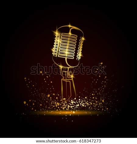 Golden microphone illustration on a black background. Music festival background for flyer, banner, billboard. Music group cover disk template.