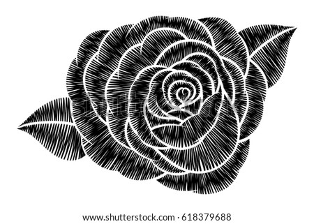 Black and white embroidery rose flower, isolated on white background. Vector illustration.