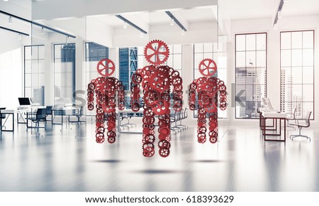 Figures of persons made of gears and cogwheels on white office background. 3d rendering