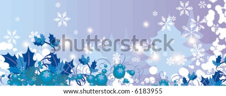 Winter holiday grunge background with snowflakes, leaves and ribbons, vector illustration.