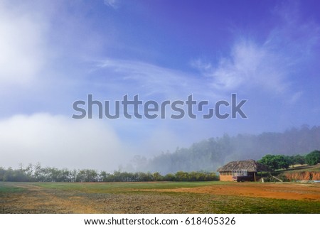 Place of mental rest . Summer mountains with trees, green meadow and small house (summer cottage). green landscape.