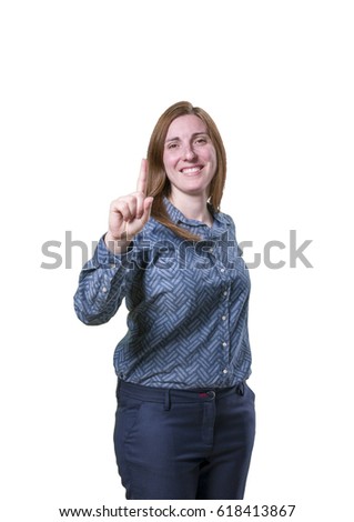 Pretty business woman counting one over white background.