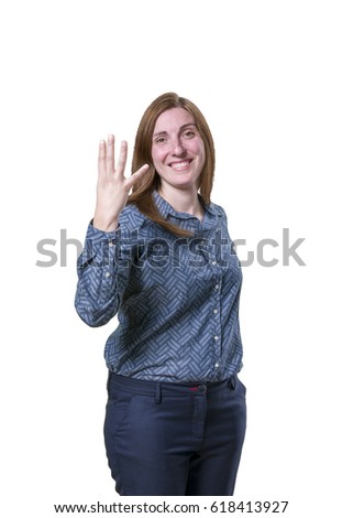 Pretty business woman counting four over white background.