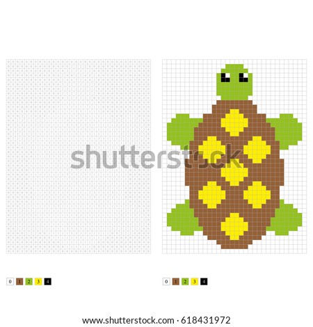 Coloring page with numbered squares. Pixel coloring turtle.  
 Game for preschool kids.  Vector illustration