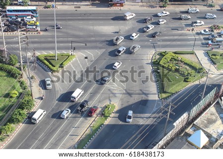 Top view of traffic from the tower ,the traffic view from high angle ,Nakhonratchasima ,Thailand.