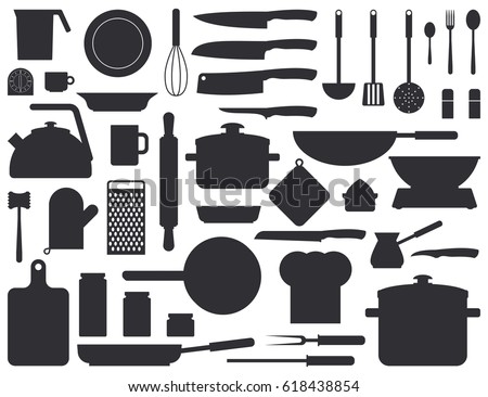 Kitchen tools silhouette set. Kitchenware collection. Black cooking tools, utensils, cutlery isolated on white background. Monochrome vector illustration Royalty-Free Stock Photo #618438854