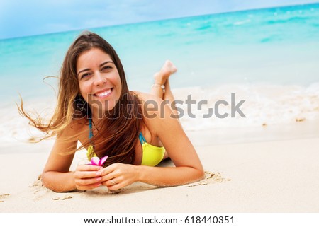 Portrait Young Smiling Woman Lying on Beautiful Tropical Beach Hane Fun