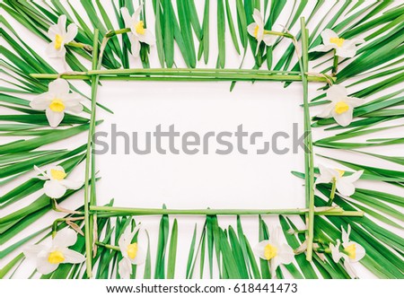 Floral rectangular frame of yellow flowers of daffodils and green leaves on white background with space for text, top view. mock up for text, phrases, congratulations, lettering