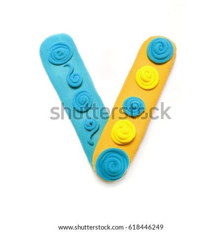 Plasticine letter V. Color plasticine alphabet, isolated.
