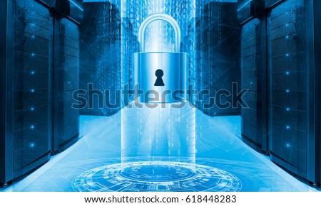 Server data protection concept. Database insurance. Safety of information from virus cyber digital internet technology. Security access to computing. Backup restore Royalty-Free Stock Photo #618448283