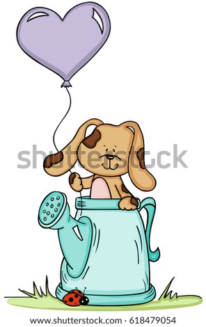 Cute dog in watering can with balloon

