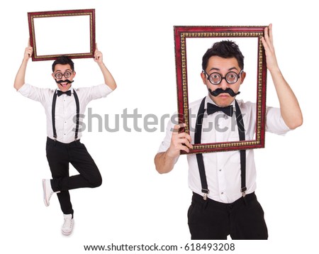 Young man with frame isolated on white