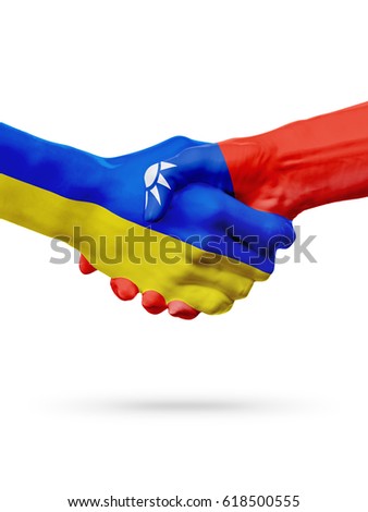 Flags Ukraine, Taiwan countries, handshake cooperation, partnership, friendship or sports team competition concept, isolated on white