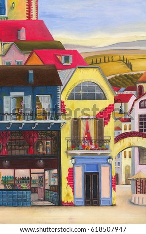 Oil painting. Painted facade. Beautiful, bright, little houses of Paris and Romania.
