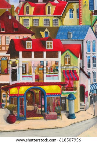 Oil painting. Painted facade. Beautiful, bright, little houses of Paris and Romania.