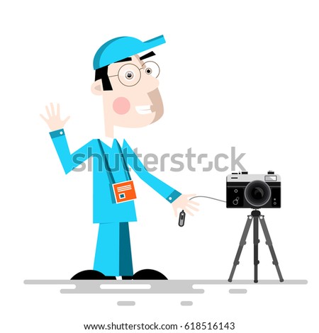 Photographer with Camera on Tripod Vector Cartoon