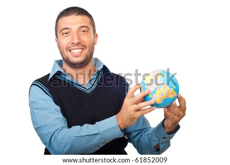 Smiling business man holding a globe isolated on white background
