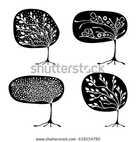 Vector set of hand drawn illustration, decorative ornamental stylized tree. Black and white graphic illustration isolated on the white background. Inc drawing silhouette. Decorative artistic trees.