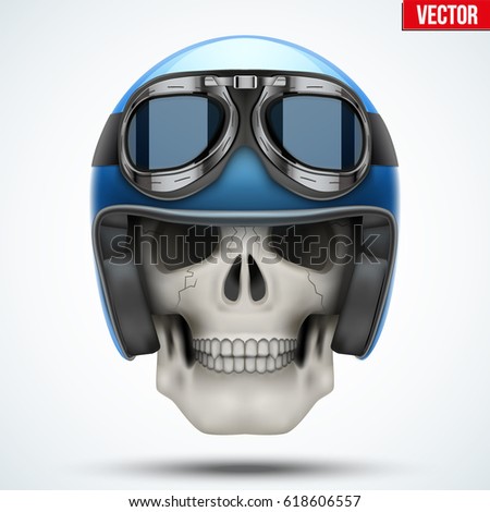 Human skull with Vintage motorcycle or chopper helmet and goggles. Vector Illustration on isolated white background