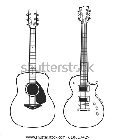 Electric and Acoustic Guitars. Outline style guitars vector art.