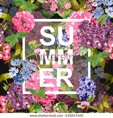 Summer background with colorful flowers, design element. Can be used for cards, scrapbooking, print, posters, flyers, textile design, banners, manufacturing. Decorative flowers in watercolor style