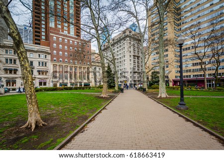 Walkway and buildings at Rittenhouse Square, in Philadelphia, Pennsylvania.