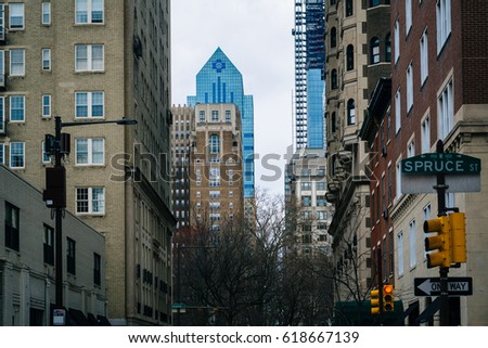 Spruce Street and modern skyscrapers in Center City, Philadelphia, Pennsylvania.