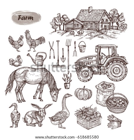  Vector hand drawn set - rural landscape, farm animals, tools and machinery. Royalty-Free Stock Photo #618685580