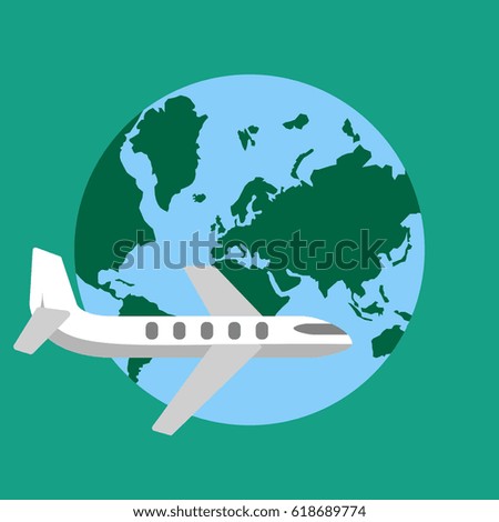 Plane travel around the world on the green background. Vector illustration