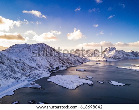 Aerial View of Lofoten Islands in Winter time. Norway. 