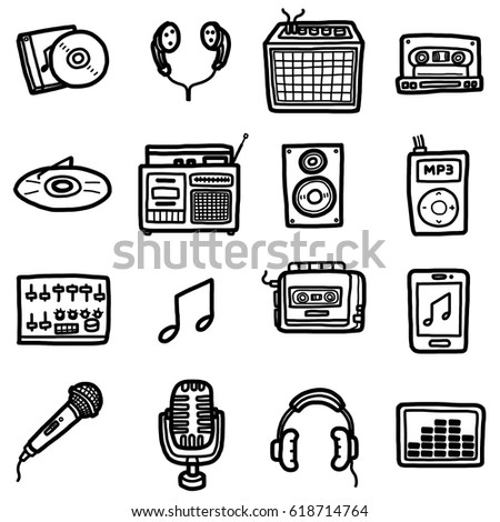 equipment about music, icons set / cartoon vector and illustration, hand drawn style, black and white, isolated on white background.