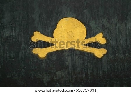 Golden skull and bones as a symbol of death on the tombstone isolated on black background