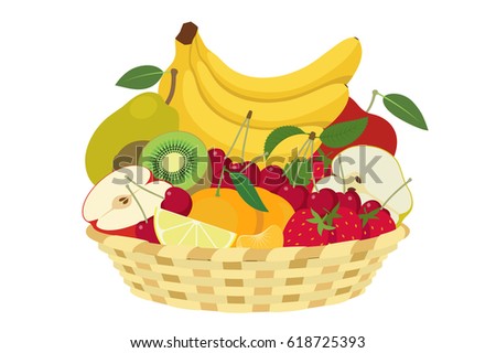 Basket of spring fruit isolated on white background