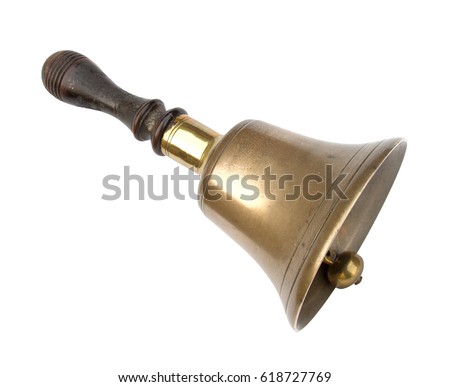Old school hand bell. Traditional design, brass with wooden handle. Well worn! Royalty-Free Stock Photo #618727769