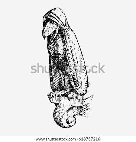 Gargoyle Chimera of Notre-Dame de Paris, engraved, hand drawn vector illustration with gothic guardians include architectual elements, vintage statue medieval