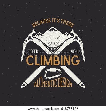 Climbing club emblem design. Vintage colors logo isolated on dark background. Mountains with letterpress effect and ribbon. Vector illustration.