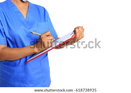 Nurse holding pen writing on clipboard for taking patient treatment on white background, healthy lifestyle concept