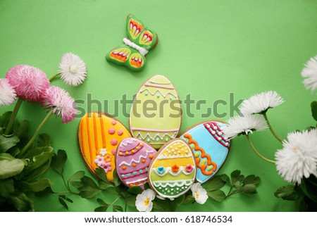 Still life Easter cookies and spring flowers