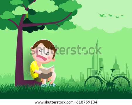 Education Concept of children reading book under the tree with eco friendly and city background, Vector Illustration design