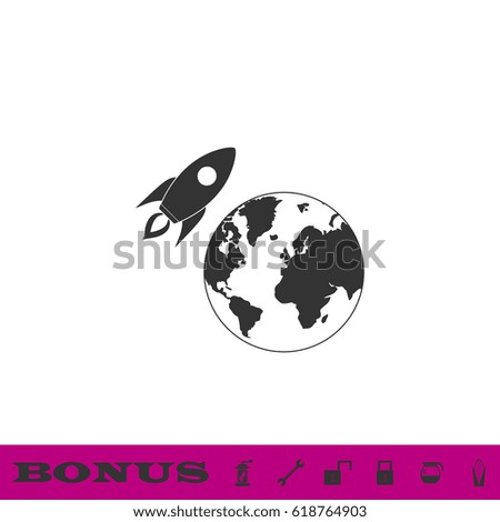Planet with rocket icon flat. Simple grey pictogram on white background and bonus six icons. Illustration symbol