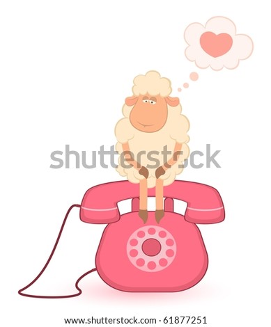  illustration of cartoon sheep sits on a telephone, waits a bell